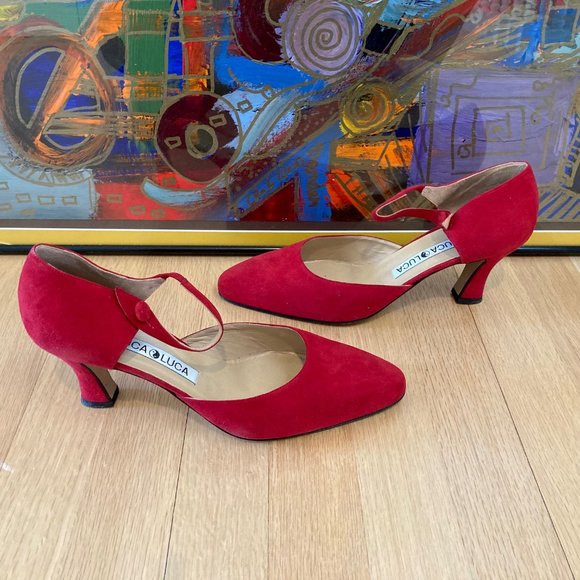 Luca Luca Classic Red Suede Mary Jane Spool Heel Pumps EU38.5 Button Strap Italy - Picture 5 of 16